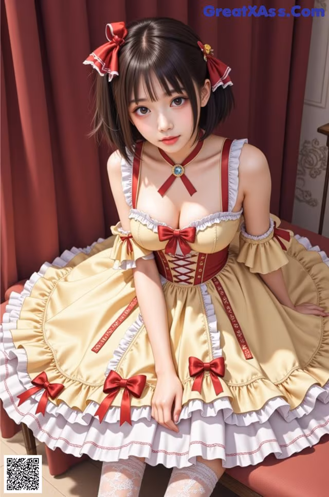 A woman in a maid outfit sitting on a red couch.