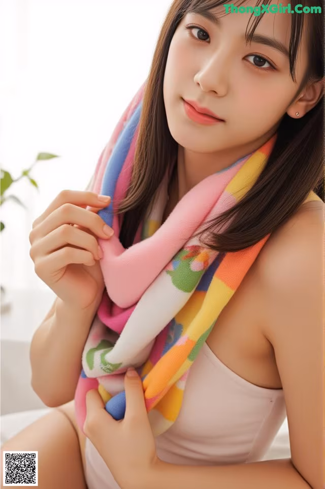 a woman wearing a colorful scarf sitting on a bed