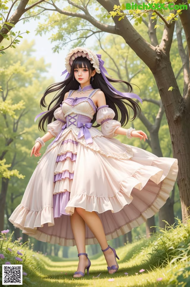 A woman in a pink dress is walking in the grass.