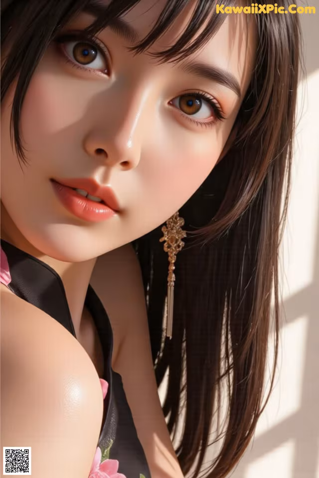 a close up of a woman with long black hair