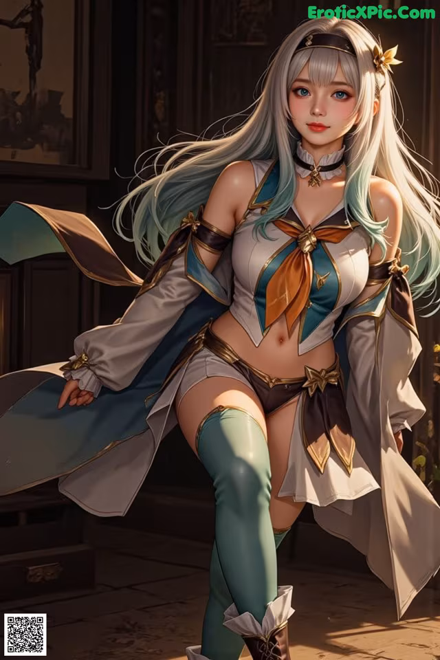 A woman with long white hair wearing a white and blue outfit.