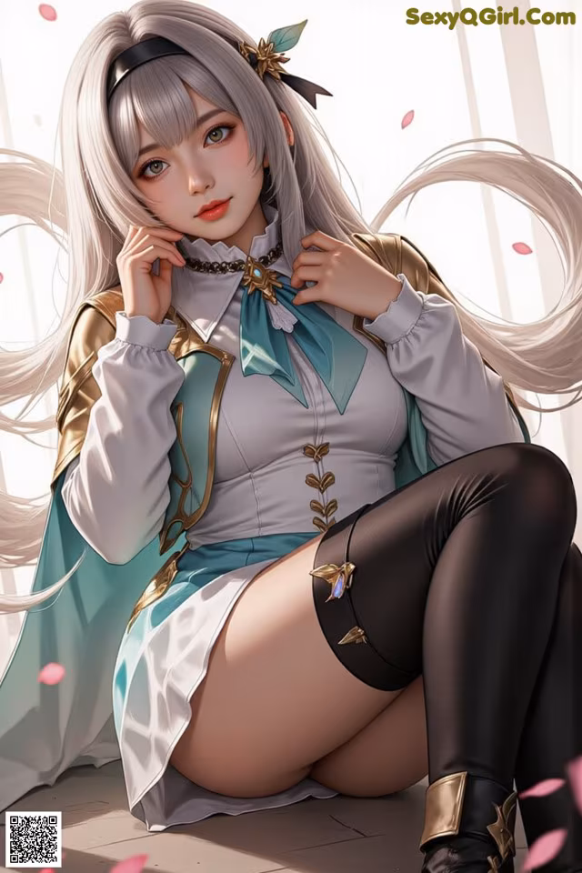 A woman with long white hair sitting on the ground.