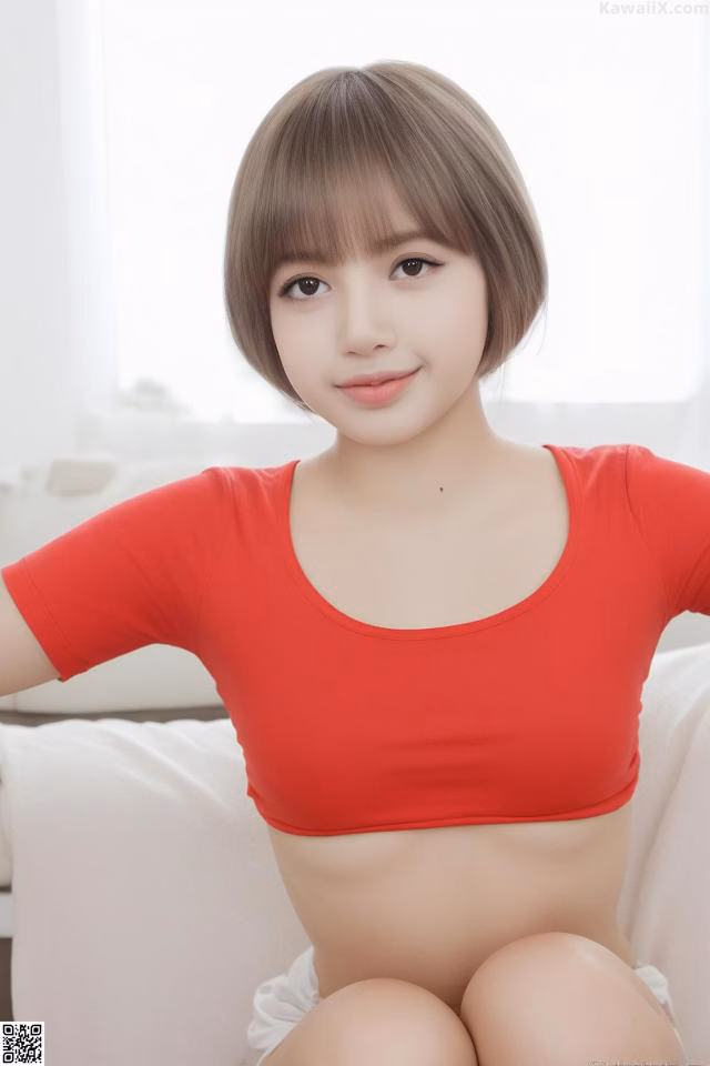 A woman in a red top sitting on a white couch.