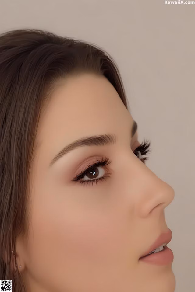 A close up of a woman's face with long eyelashes.