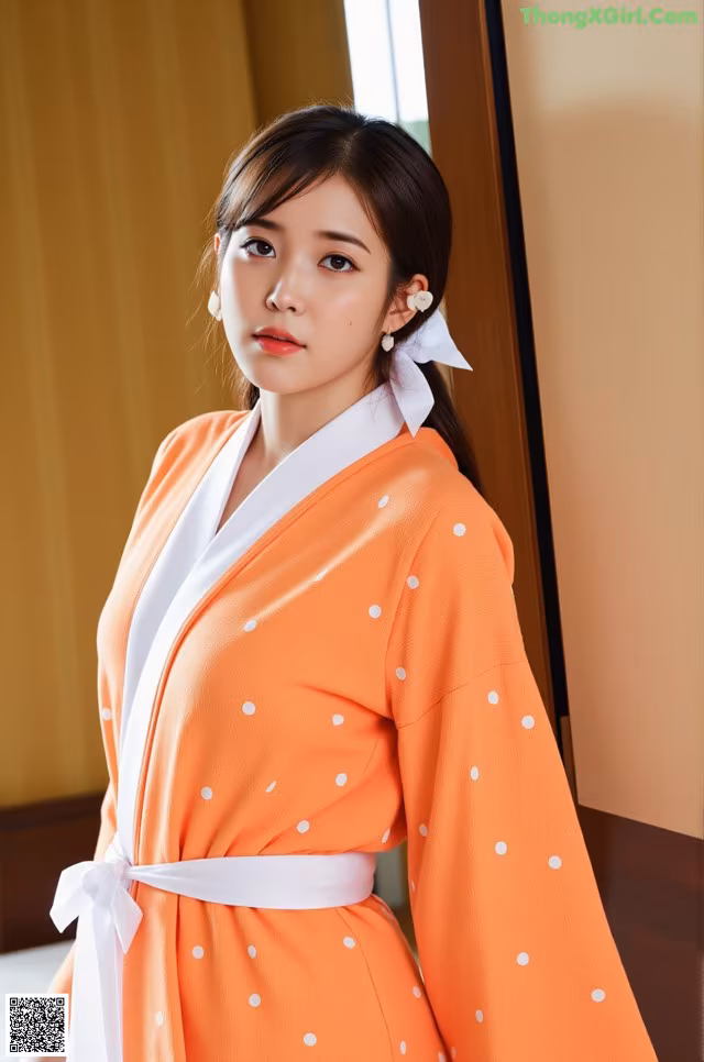a woman wearing an orange polka dot kimono
