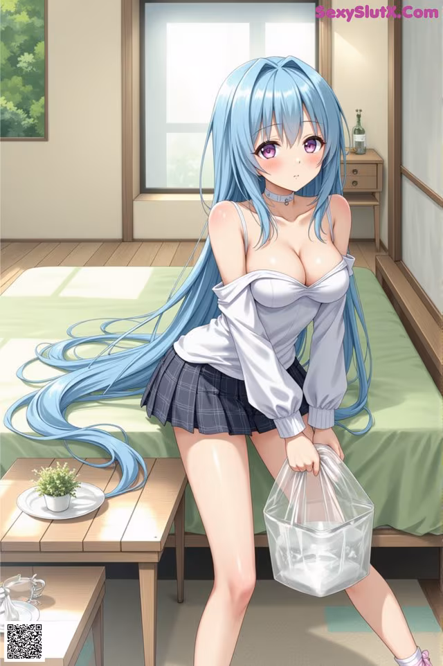 A girl with long blue hair is holding a plastic bag.