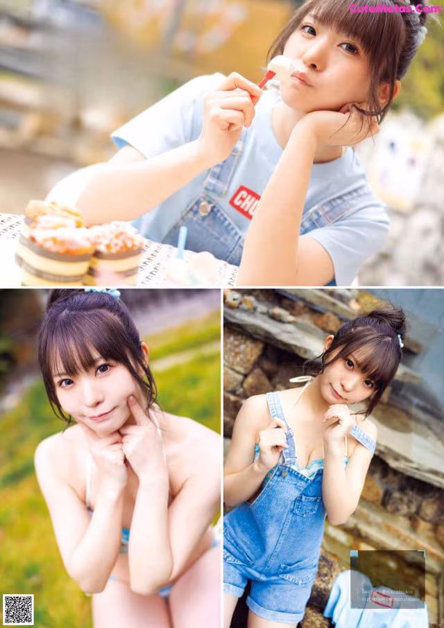 A woman in overalls eating a piece of cake.