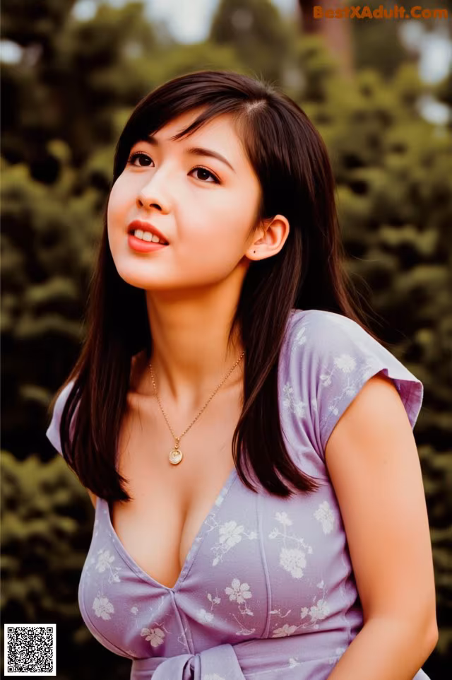 A woman in a purple dress posing for a picture.