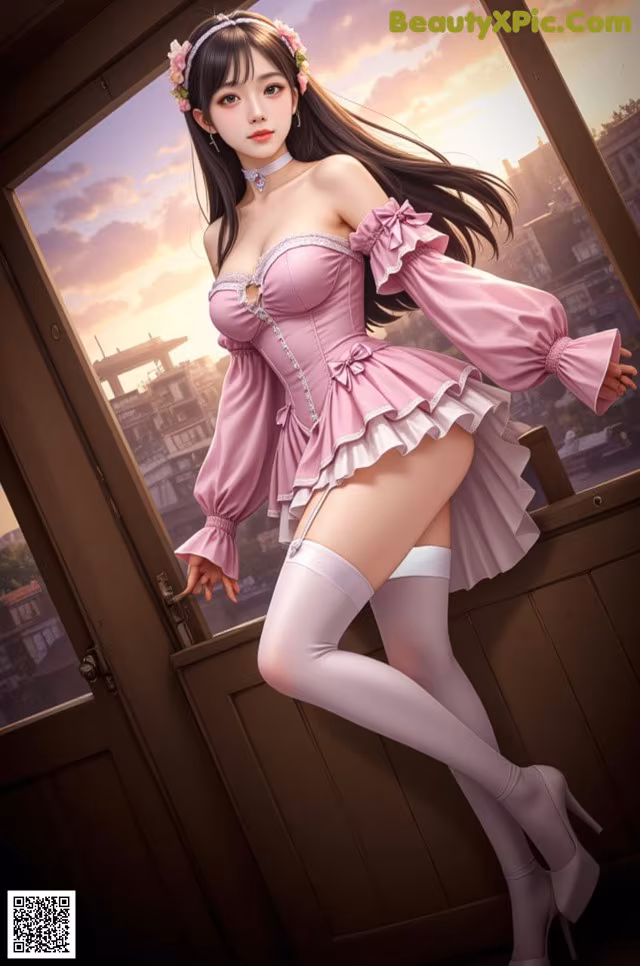 A woman in a pink dress and white stockings posing by a window.
