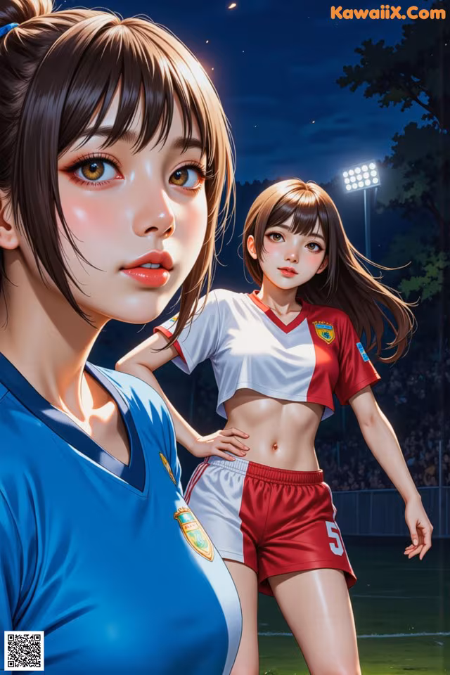 A couple of women standing next to each other on a field.