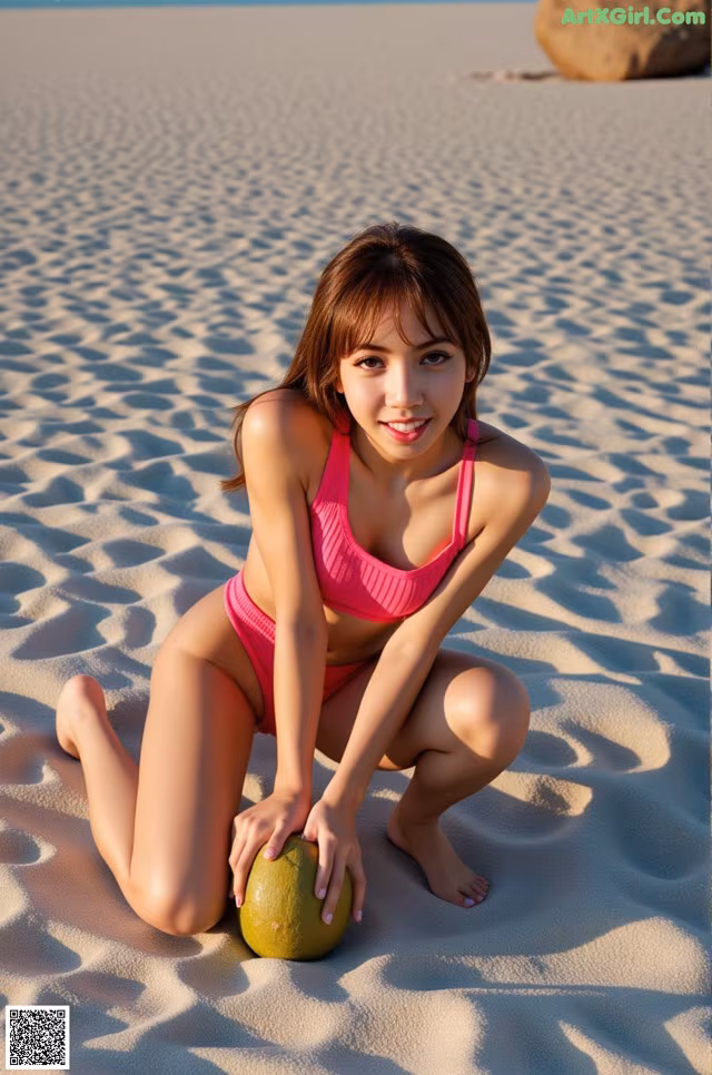 A woman in a pink bikini sitting on a beach with a coconut.
