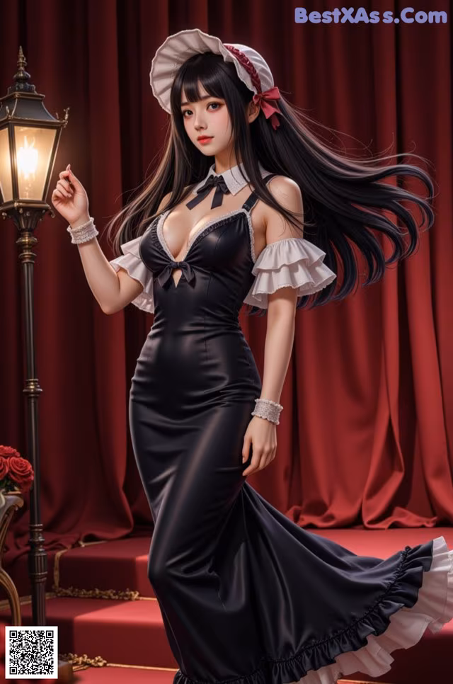 a woman in a black dress and hat standing next to a lamp