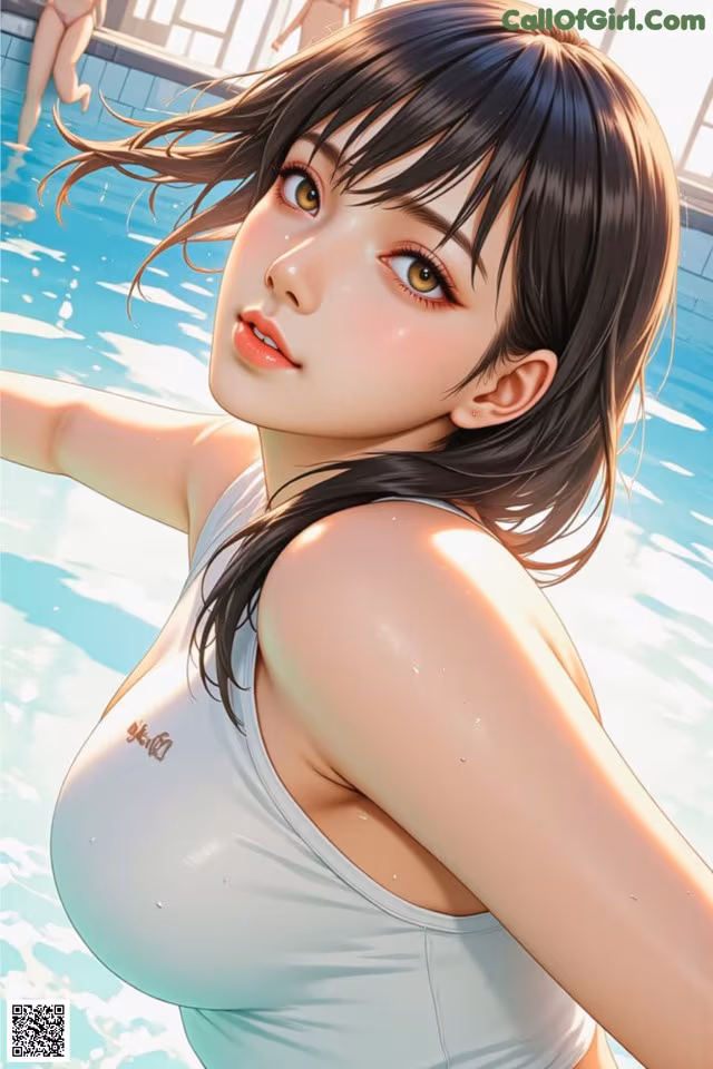 A woman in a white tank top standing next to a swimming pool.