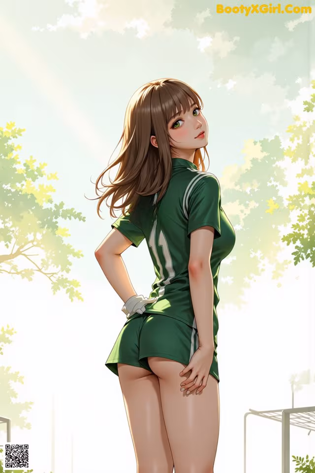 A woman in a green shirt and shorts standing on a soccer field.