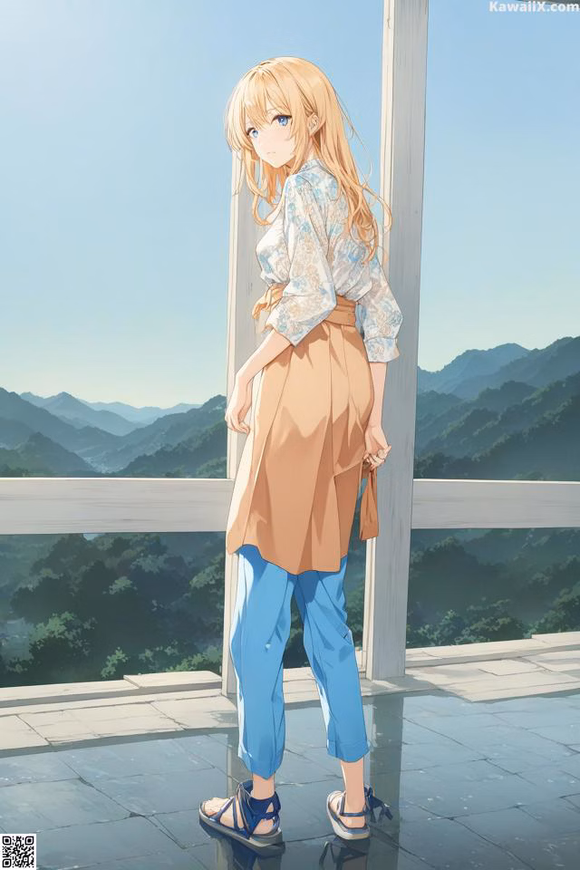 A girl standing in front of a window with mountains in the background.