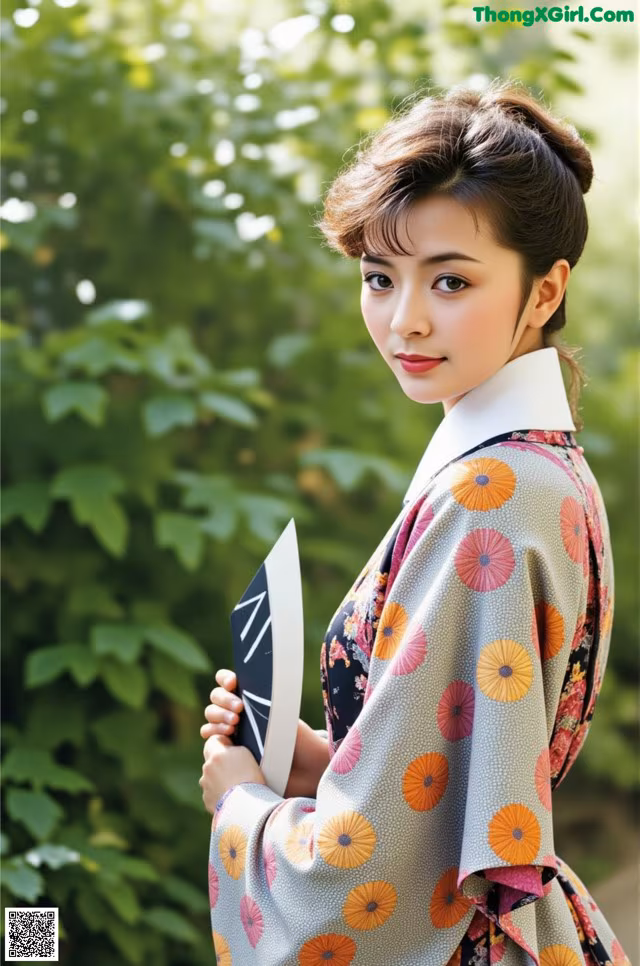 A woman in a kimono holding a fan in her hand.