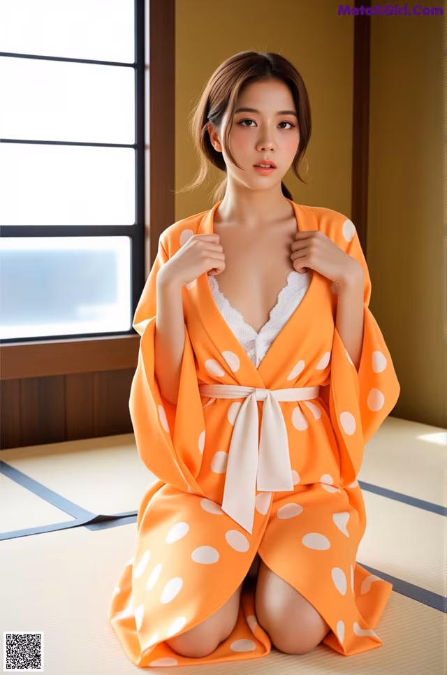 A woman in an orange and white polka dot robe sitting on a tatami mat.