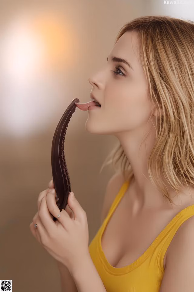A woman in a yellow tank top eating a chocolate banana.