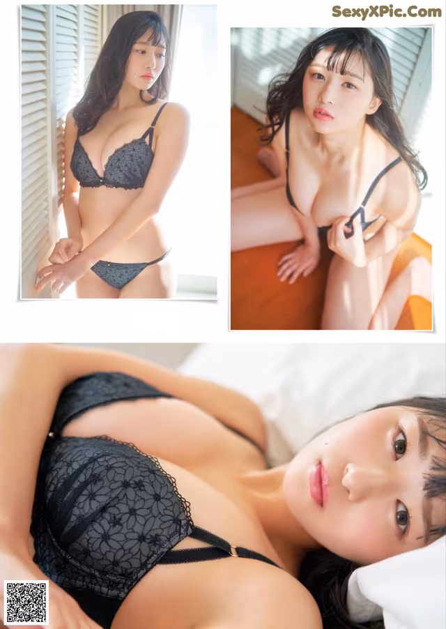 A woman in a black lingerie laying on a bed.