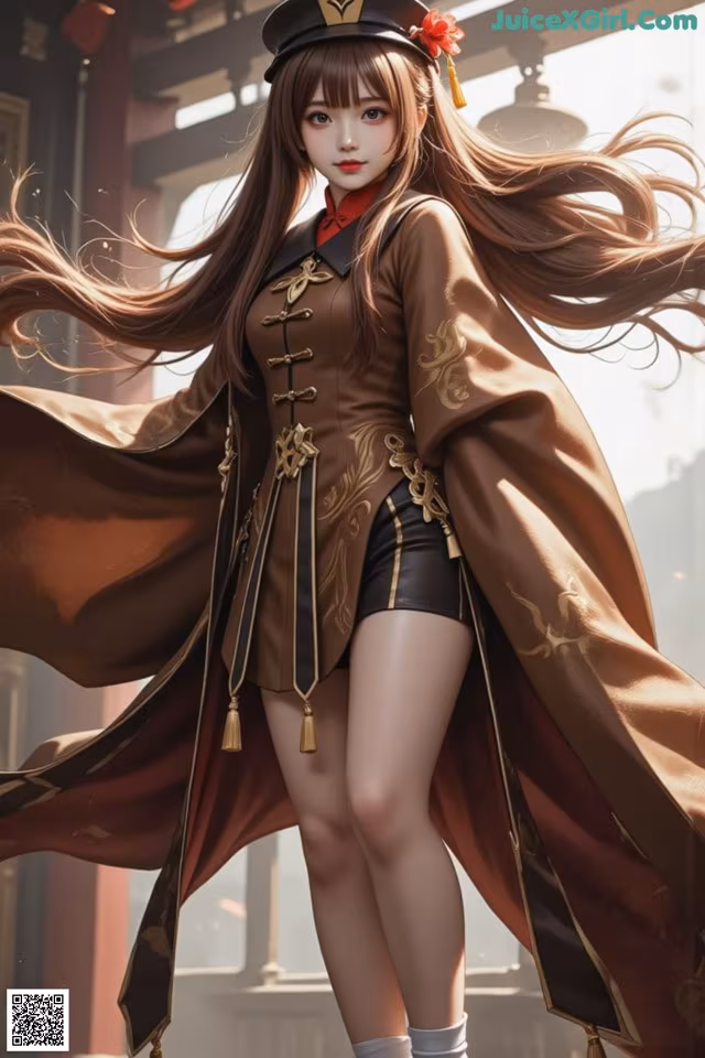 A woman with long brown hair wearing a brown coat and hat.