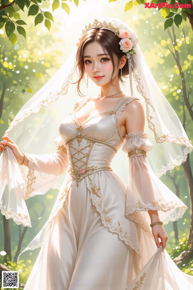 A woman in a wedding dress standing in the woods.